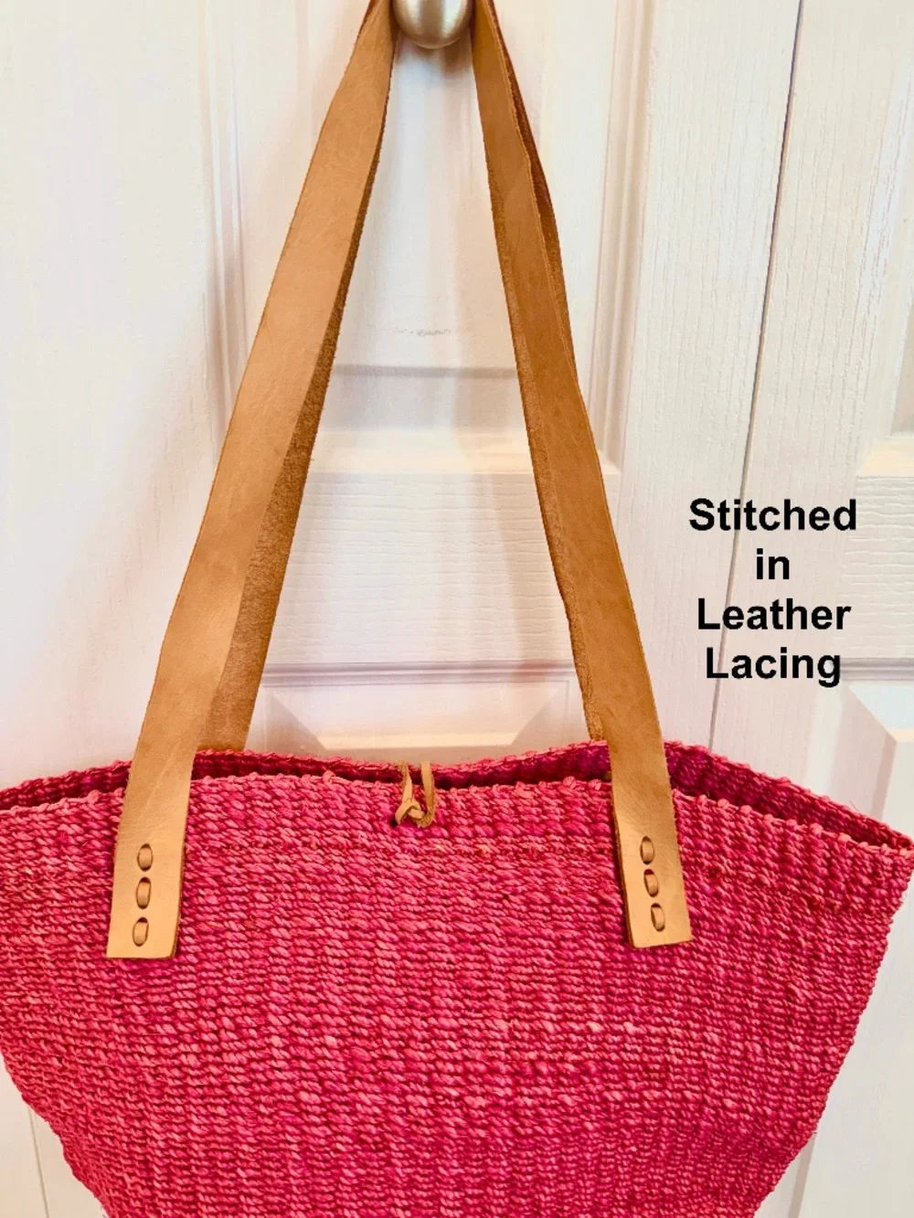 *NWOT Hot Pink Straw Hobo Bag, Tan Leather Straps Button Loop Closure, Unbranded